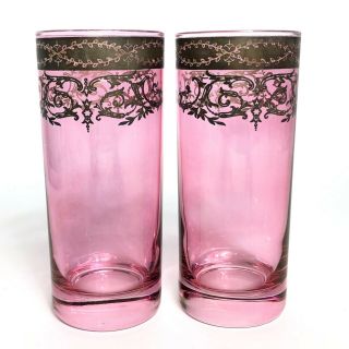 2 Antique Moser Cranberry Glass Tumblers With Elegant Silver Overlay