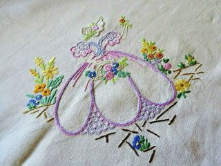 Vintage Hand Embroidered Tablecloth Crinoline Ladies