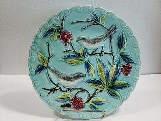 Antique French Majolica Plate With Birds And Cherries