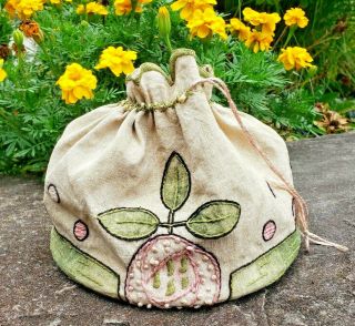 Antique 1920 ' s Arts and Crafts Style Linen Pulled thread Bag Embroidered Apples 2