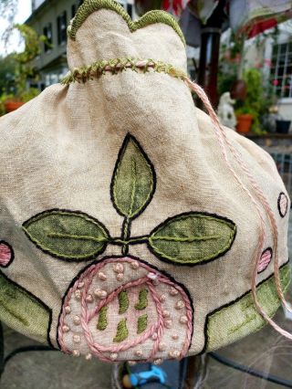Antique 1920 ' s Arts and Crafts Style Linen Pulled thread Bag Embroidered Apples 4