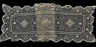 Antique Gorgeous Darned Net Lace Large Runner Hand Made Net Embroidery 45 " X13 "