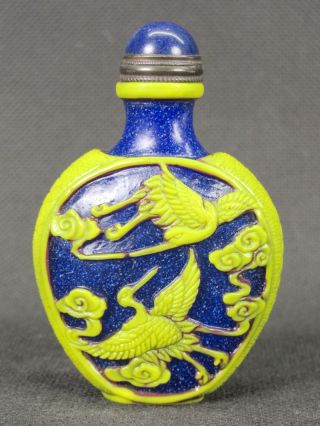 Chinese Crane Bat Carved Peking Overlay Glass Snuff Bottle