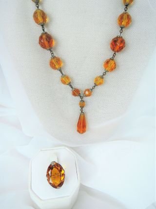 Antique Citrine Glass Faceted Drop Necklace & Sterling Citrine Glass Ring