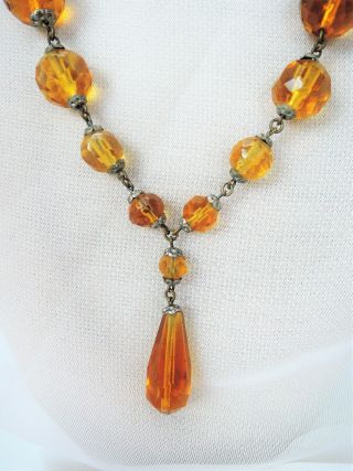 ANTIQUE CITRINE GLASS FACETED DROP NECKLACE & STERLING CITRINE GLASS RING 2