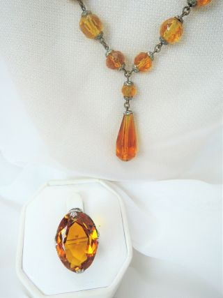 ANTIQUE CITRINE GLASS FACETED DROP NECKLACE & STERLING CITRINE GLASS RING 8