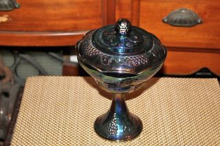 Antique Carnival Glass Lidded Compote Candy Dish Purple Color Grapes Leaves