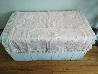 Antique Baby Pink Silk & Satin Crib Blanket Pillow Handmade Crochet Lace Trim
