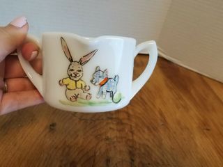Antique Hand Painted Milk Glass Baby Cup Mug Rabbit & Dog 2 Handles Victorian