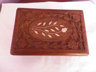 Fab Vintage Indian Carved Wooden Box With Inlaid Flower To Top 15 By 10 By 6 Cms
