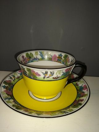 Anchor China Bridgwood England Tea Cup And Saucer Yellow Asian Design