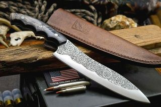 Cfk Ipak Handmade Hand - Engraved D2 Custom Buffalo Horn Hunting Camp Blade Knife