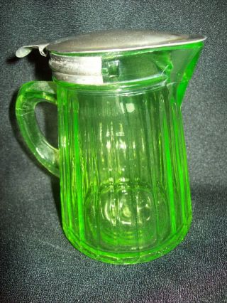 Antique Green Vaseline Glass Ribbed Syrup Pitcher With Tin Spring Lid