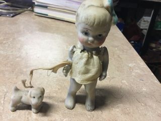 Vintage Bisque Little Girl Doll Figurine With Dog Made In Japan Jointed Arms