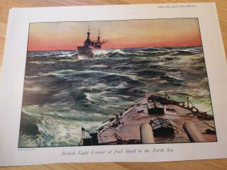 Wwi Antique Print British Light Cruiser At Full Speed In The North Sea Ww1