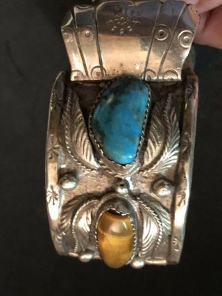 Antique Native American Indian Ss Men,  S Wrist Watch Band Turquoise Tiger Eyes