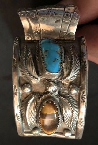 Antique Native American Indian SS Men,  s Wrist Watch Band Turquoise Tiger Eyes 4