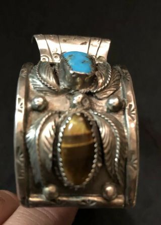 Antique Native American Indian SS Men,  s Wrist Watch Band Turquoise Tiger Eyes 6