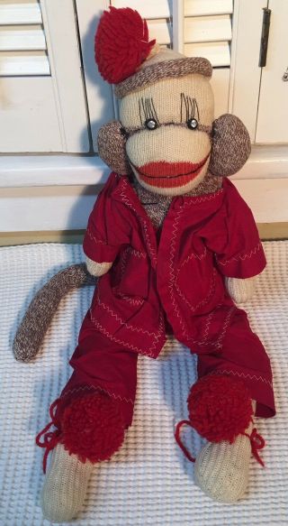 Vtg Sock Monkey 23” Red Suit Rhinestone Button Eyes Handmade Primitive Pom - Poms