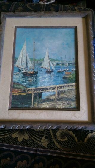 Vintage Signed P.  G.  Tiele Framed Oil Painting Sailboat Scene Canvas 