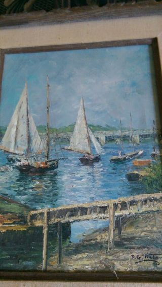 Vintage Signed P.  G.  Tiele Framed Oil Painting Sailboat Scene Canvas  3