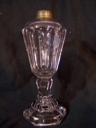 Antique C1850s Whale Oil Flint Glass Fluid Lamp Hexagonal Sandwich 9 1/4 "