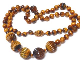 Vintage/antique Chinese Carved Tiger Eye Bead Silver Clasp Necklace