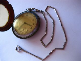 Cimier Military Style Vtg.  Swiss Pocket Watch,  Drgm J.  W.  R.  Protector Case Chain