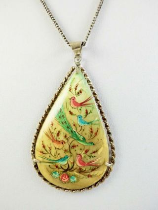 Antique Sterling Silver Hand Painted Birds Mother of Pearl Pendant Necklace 18 