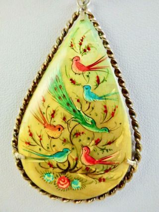 Antique Sterling Silver Hand Painted Birds Mother of Pearl Pendant Necklace 18 