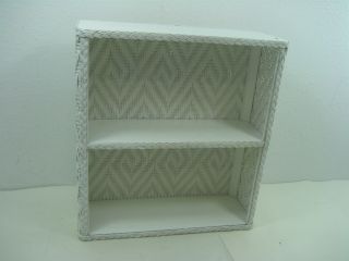 Vintage White Wooden Wicker Two (2) Tiered Shelf Unit 16 " Long 5 " Wide 17 " Tall