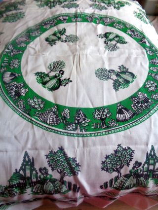 Vintage Tablecloth White Printed With Green Crinoline Ladies 49 " Square