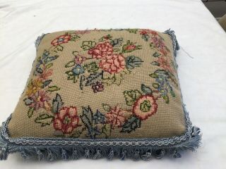 Fab Vintage Tapestry Blue & Pink Floral Cushion With Tassel & Fringe Detail