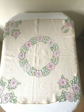 Vintage Natural Linen Tablecloth Handworked,  Embroidery & Openwork.  33 " X 32 "