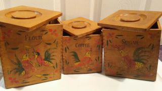 Antique Wooden Kitchen Containers (set Of 3) For Flour,  Coffee & Sugar