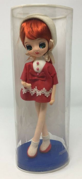Vintage Big Eyes Doll Korean With Red Dress & Hat On Stand 10 " Tall