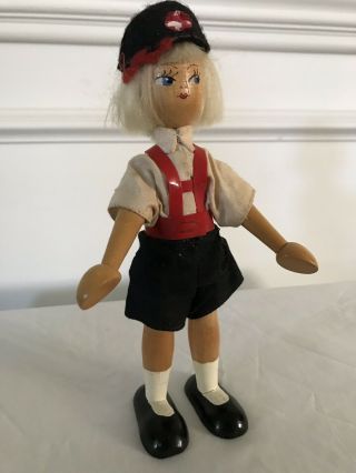 Vintage Blonde Polish Gromada Wooden Peg Doll In Traditional Costume 7 " Tall