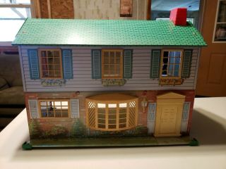 Vintage Wolverine 2 Story Colonial Metal Doll House With Furniture Litho Tin