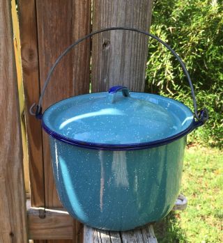 Antique Enamelware Robin Egg Blue Bucket Pail Pot W Lid & Handle Cobalt Blue Rim