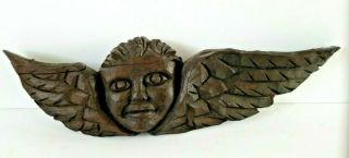 Antique Folk Art Hand Carved Wood Angel Cherub Face With Wings Wall Hanging 15 " W