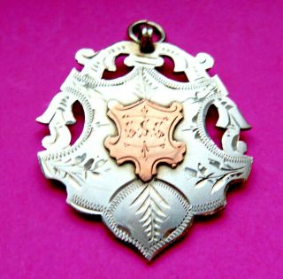 Antique Large Silver Ornate Watch Fob,  Dog Tag.  Gold Shield & Engraved,  Dated 1908