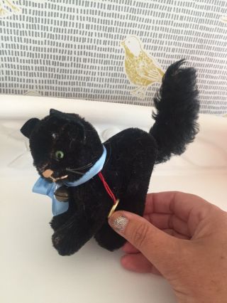 Vintage Hermann Teddy Black Cat Scaredy - Cat With Bell And Label