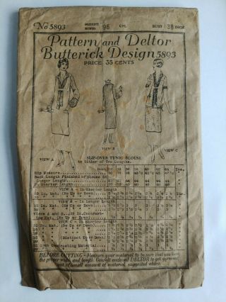 Antique 1919 Butterick Pattern 5893 Slip Over Tunic Blouse Bust 38