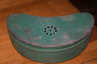 Vintage Green Tin Belt Bait Box Fishing Cricket Worm Can W Two Bobbers