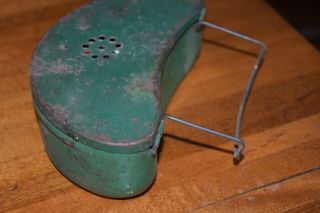 Vintage Green Tin Belt Bait Box Fishing Cricket Worm Can w two bobbers 2