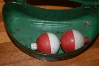 Vintage Green Tin Belt Bait Box Fishing Cricket Worm Can w two bobbers 4