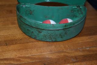 Vintage Green Tin Belt Bait Box Fishing Cricket Worm Can w two bobbers 5