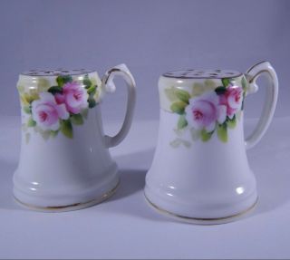 Antique Porcelain Salt & Pepper Shakers Hand - Painted Pink Roses Nippon Floral