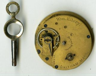 Antique 1873 8s Waltham William Ellery Key Wind Pocket Watch Movement W/key