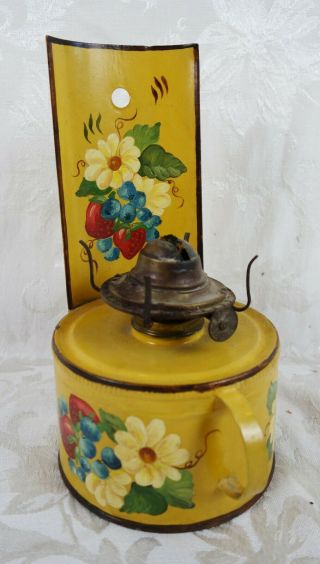 Vintage Hand Painted Folk Art Floral Toleware Oil Lamp Wall Sconce Holder